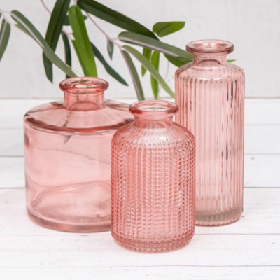 Set 3 Rose Pink Vintage Glass Bottles Mini Small Bud Vases Ribbed Flower Holder